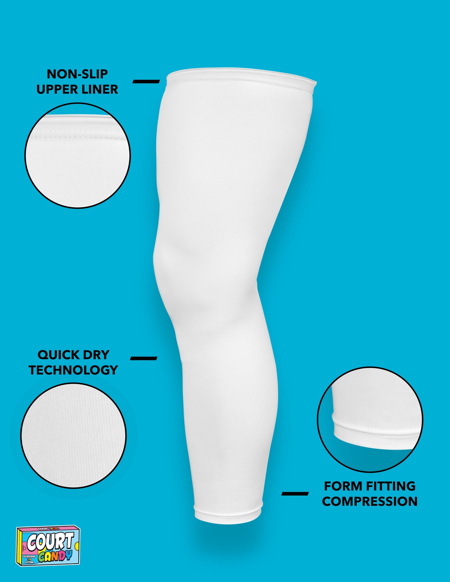White Court Candy Basketball Compression Leg Sleeve Leg Sleeves Breathable Polyester Spandex Single Leg Sleeve Knee Sleeve One Leg Compression Pant Single Leg Tight Running Sleeve Supportive Men Women Youth Mens Womans