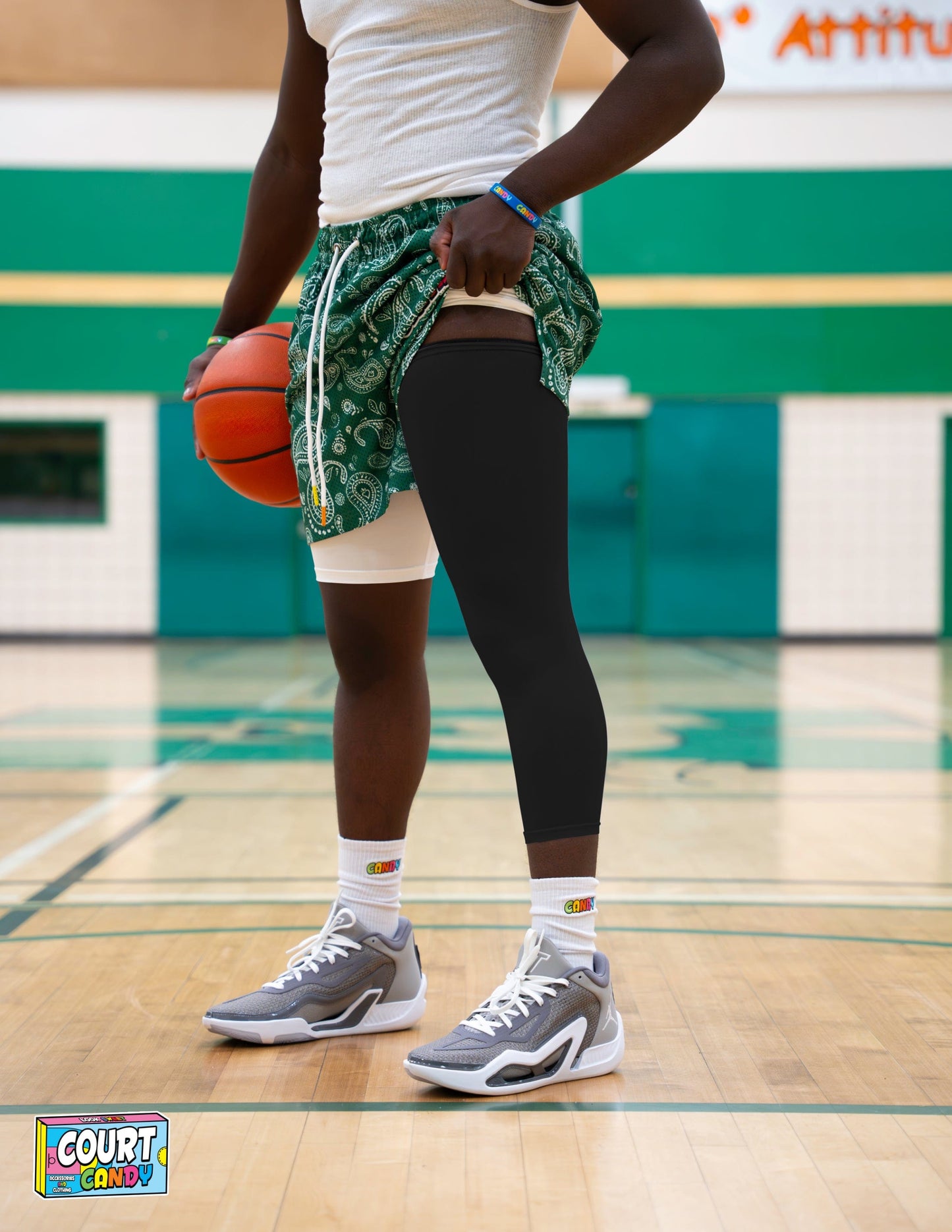Black Court Candy Basketball Compression Leg Sleeve Leg Sleeves Breathable Polyester Spandex Single Leg Sleeve Knee Sleeve One Leg Compression Pant Single Leg Tight Running Sleeve Supportive Men Women Youth Mens Womans
