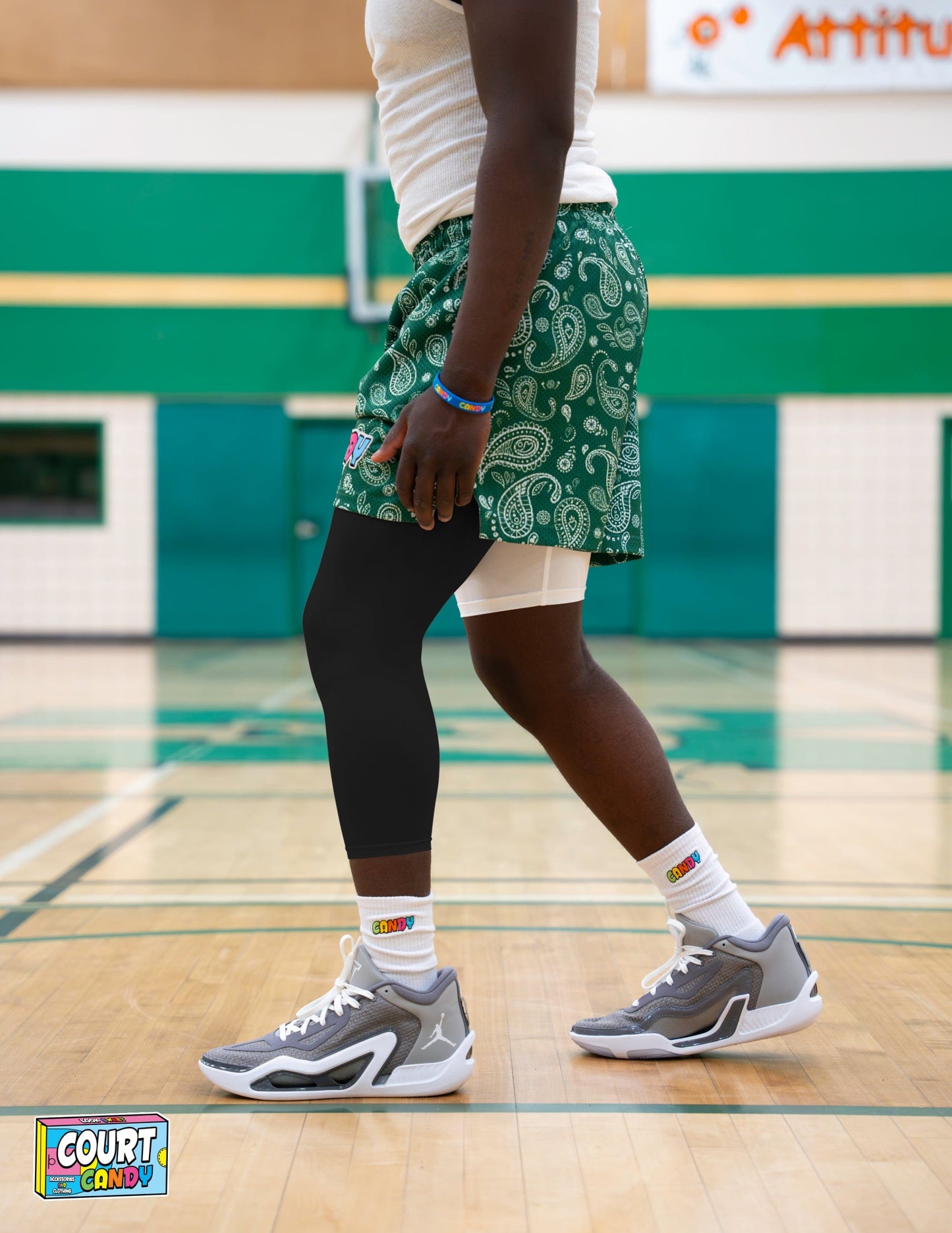 Black Court Candy Basketball Compression Leg Sleeve Leg Sleeves Breathable Polyester Spandex Single Leg Sleeve Knee Sleeve One Leg Compression Pant Single Leg Tight Running Sleeve Supportive Men Women Youth Mens Womans