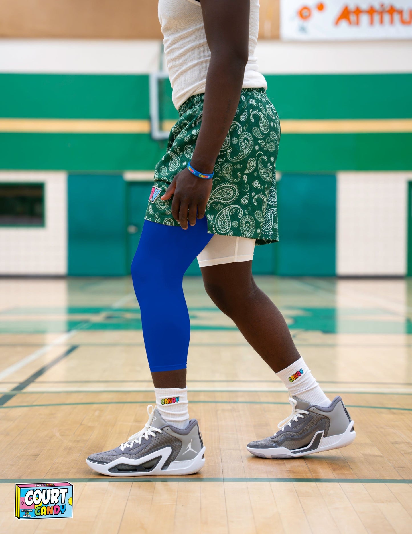 Blue Court Candy Basketball Compression Leg Sleeve Leg Sleeves Breathable Polyester Spandex Single Leg Sleeve Knee Sleeve One Leg Compression Pant Single Leg Tight Running Sleeve Supportive Men Women Youth Mens Womans