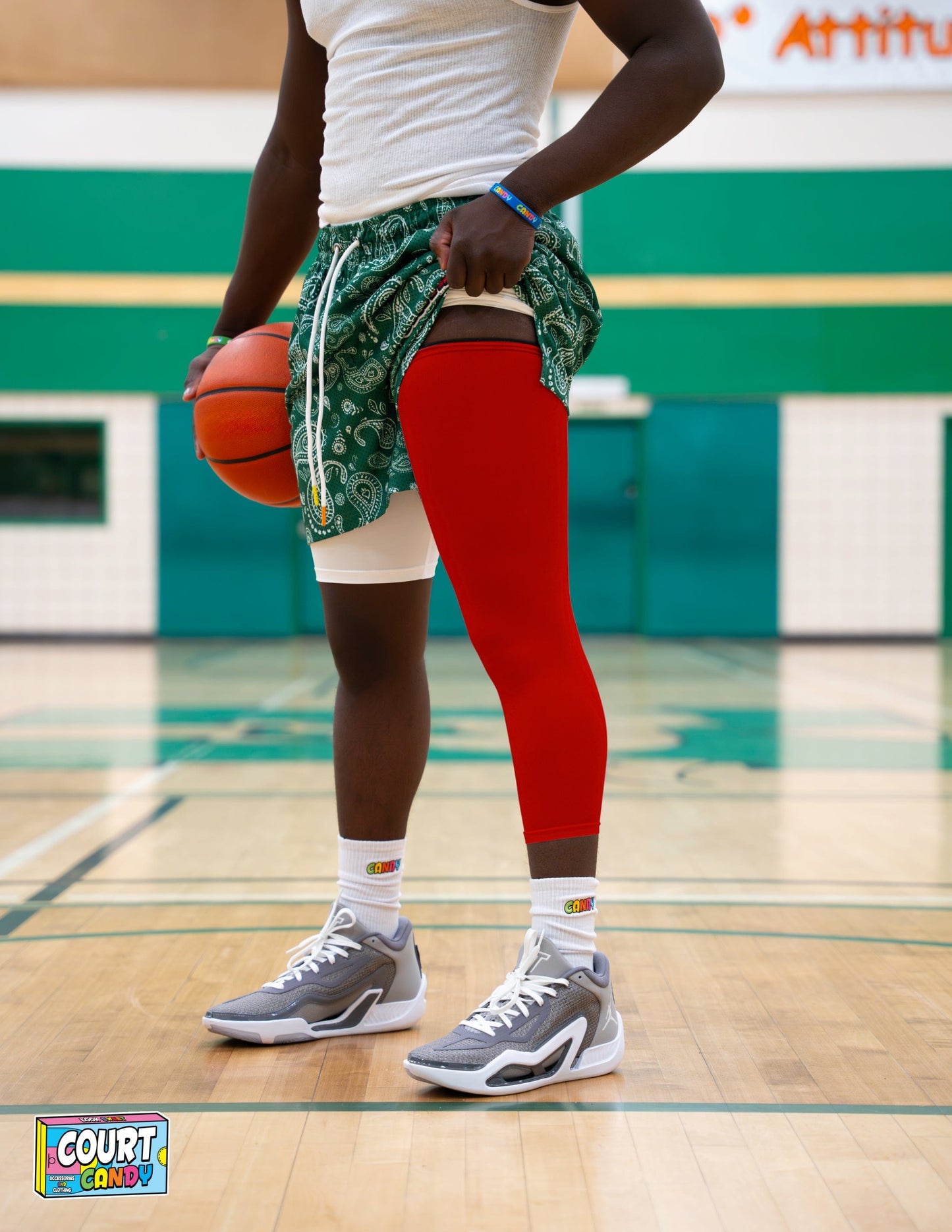 Red Court Candy Basketball Compression Leg Sleeve Leg Sleeves Breathable Polyester Spandex Single Leg Sleeve Knee Sleeve One Leg Compression Pant Single Leg Tight Running Sleeve Supportive Men Women Youth Mens Womans