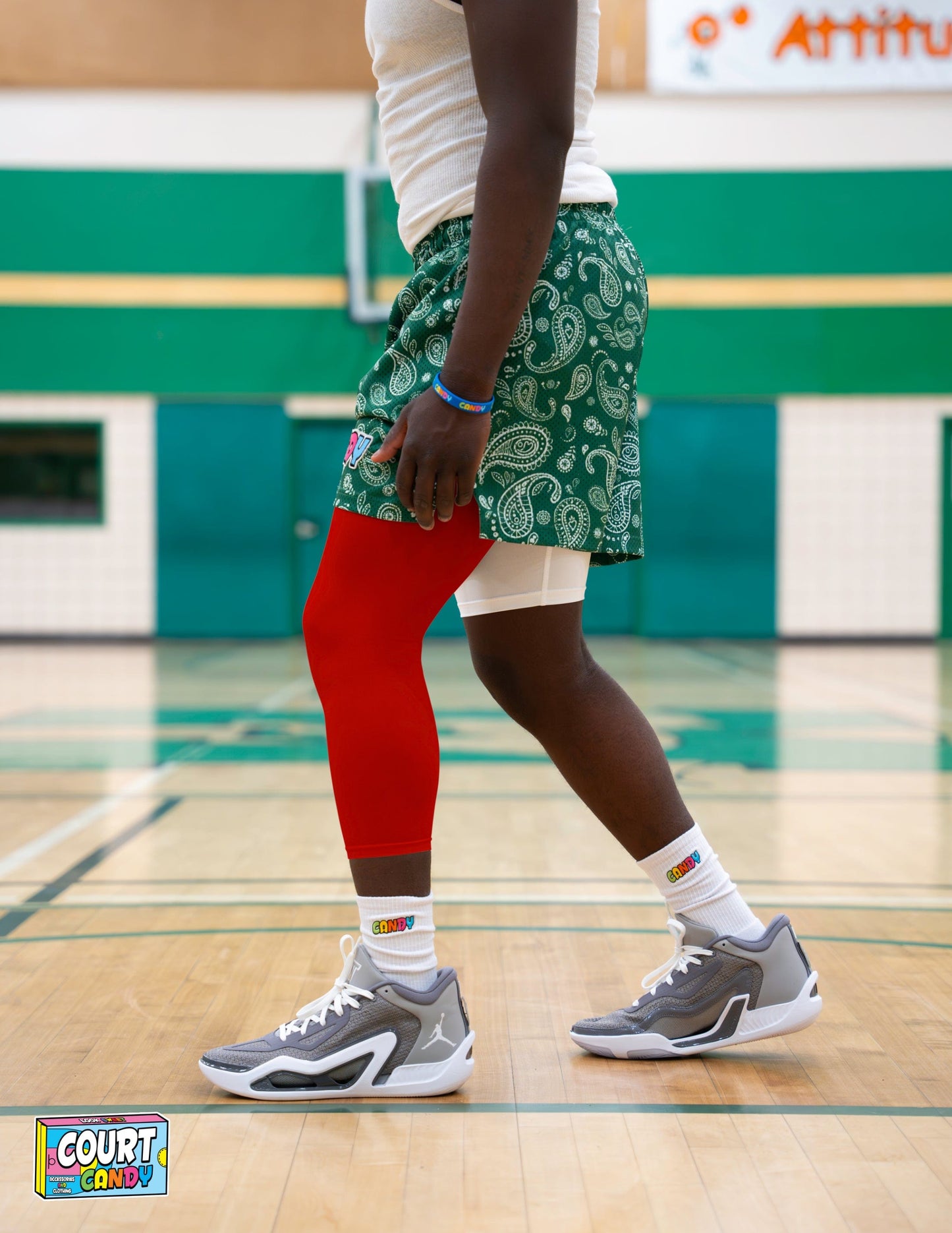 Red Court Candy Basketball Compression Leg Sleeve Leg Sleeves Breathable Polyester Spandex Single Leg Sleeve Knee Sleeve One Leg Compression Pant Single Leg Tight Running Sleeve Supportive Men Women Youth Mens Womans