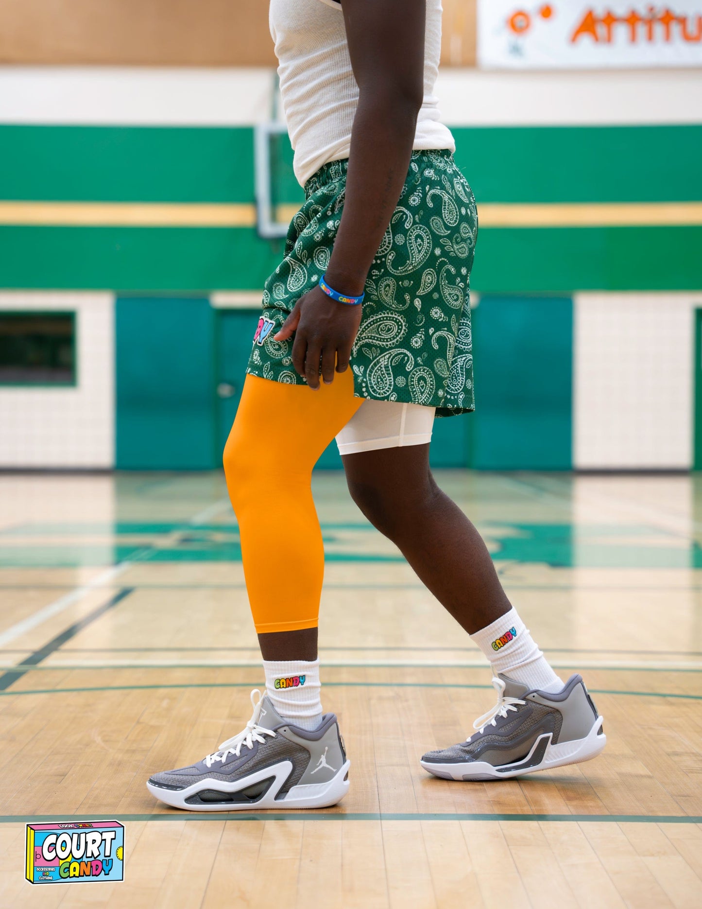 Yellow Court Candy Basketball Compression Leg Sleeve Leg Sleeves Breathable Polyester Spandex Single Leg Sleeve Knee Sleeve One Leg Compression Pant Single Leg Tight Running Sleeve Supportive Men Women Youth Mens Womans
