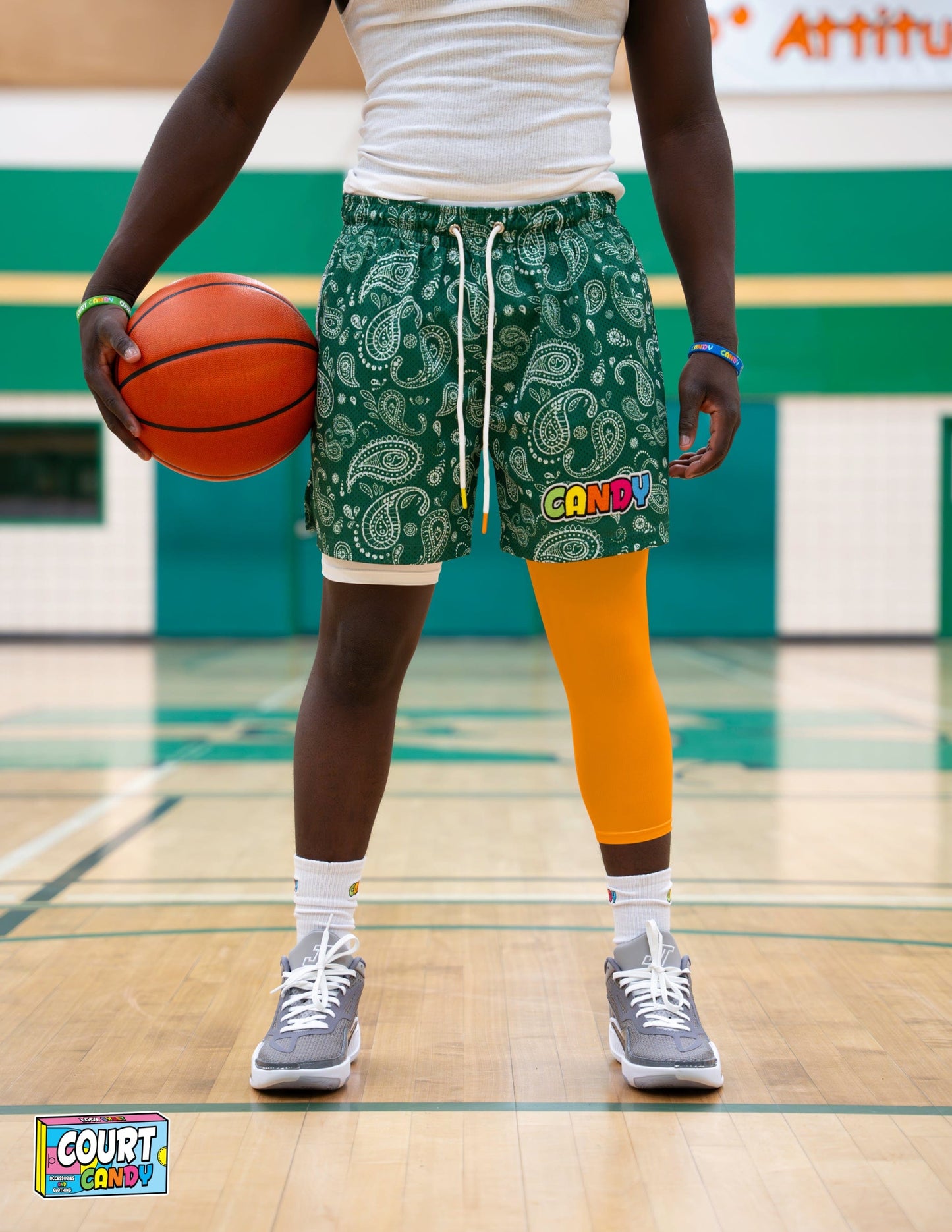 Yellow Court Candy Basketball Compression Leg Sleeve Leg Sleeves Breathable Polyester Spandex Single Leg Sleeve Knee Sleeve One Leg Compression Pant Single Leg Tight Running Sleeve Supportive Men Women Youth Mens Womans